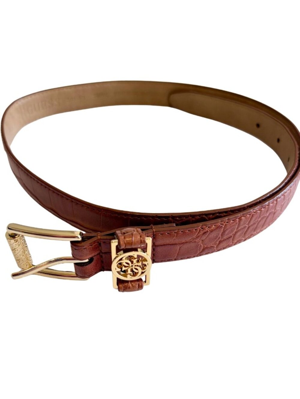 Guess Croc Embossed Faux Leather Belt Brown Gold Logo Buckle – S